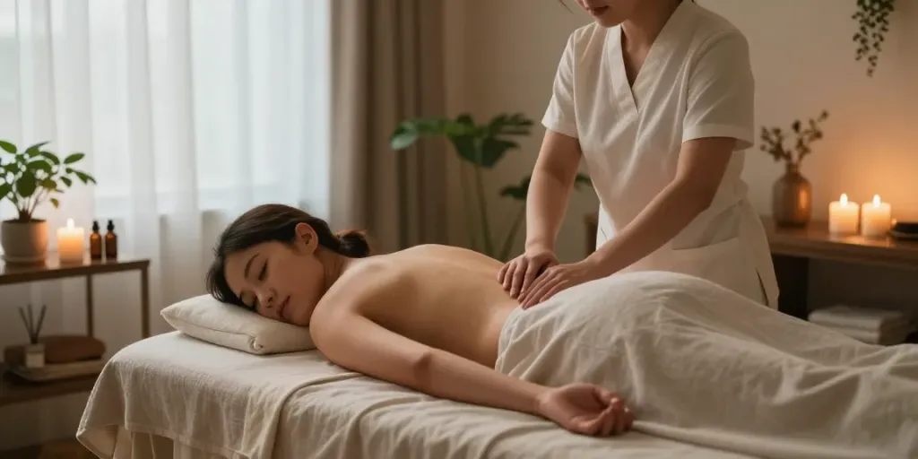 수원토닥이 마사지 치료 스튜디오에서 편안한 분위기 속에서 고객이 마사지를 받고 있는 모습