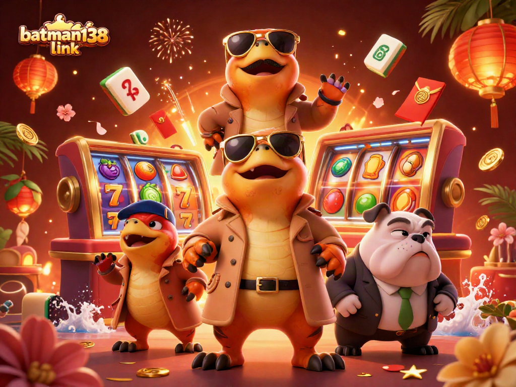 Spin the reels with batman138 link for colorful casino thrills in this vibrant illustration.