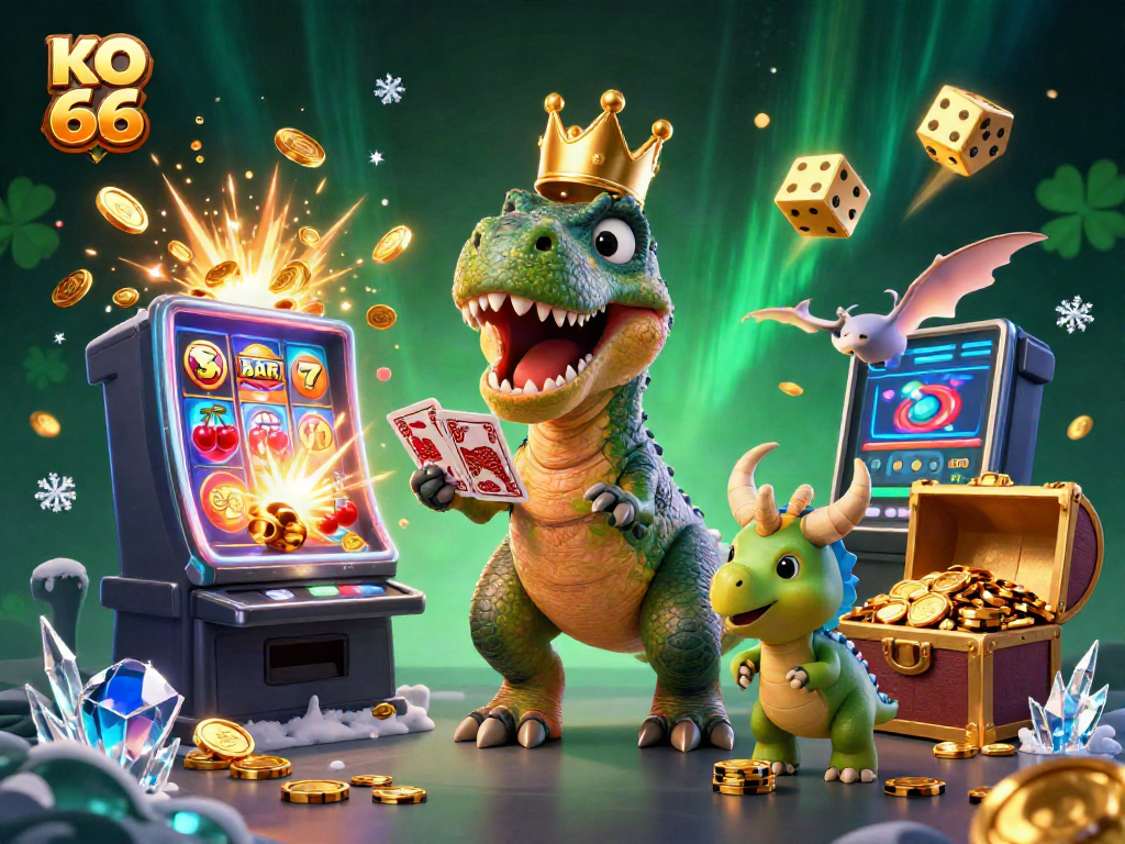 Experience exciting gameplay with KO 66 featuring a fun T-Rex and vibrant slot machines.
