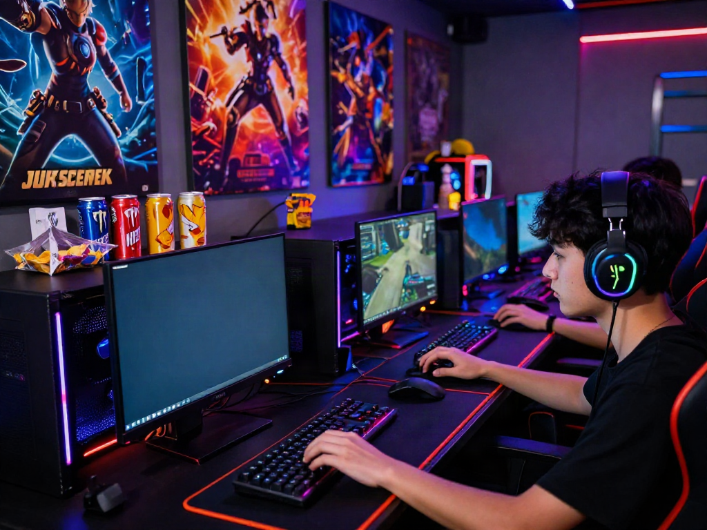 Dynamic gaming environment with intense players and glowing screens featuring qqmacan gaming action.