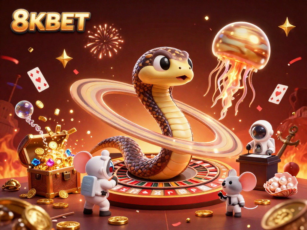 8KBET gamers enthusiastically betting on the cosmic roulette wheel amidst a vibrant casino scene.