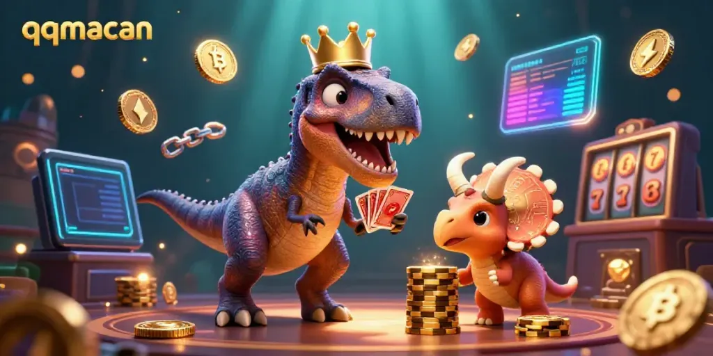 Engage with qqmacan's vibrant casino scene featuring T-Rex shuffling cards and stacking chips, showcasing animated gambling excitement.