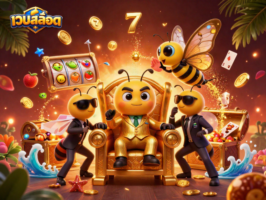 Engage in thrilling เว็บสล็อต action with a bumblebee mob boss flanked by wasp bodyguards in a vibrant casino scene.