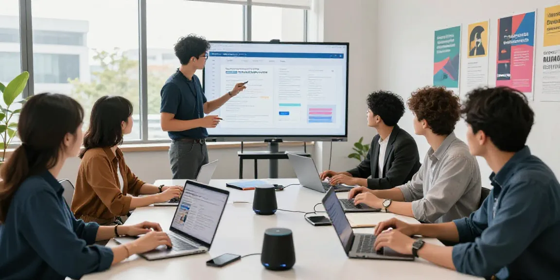 Team collaborating to generate landing page copy with AI in a modern workspace.