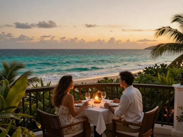 Luxury hotel balcony view with sunset over ocean, featuring hotel linen supplier aesthetics.