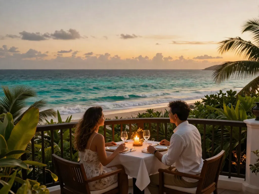 Luxury hotel balcony view with sunset over ocean, featuring hotel linen supplier aesthetics.