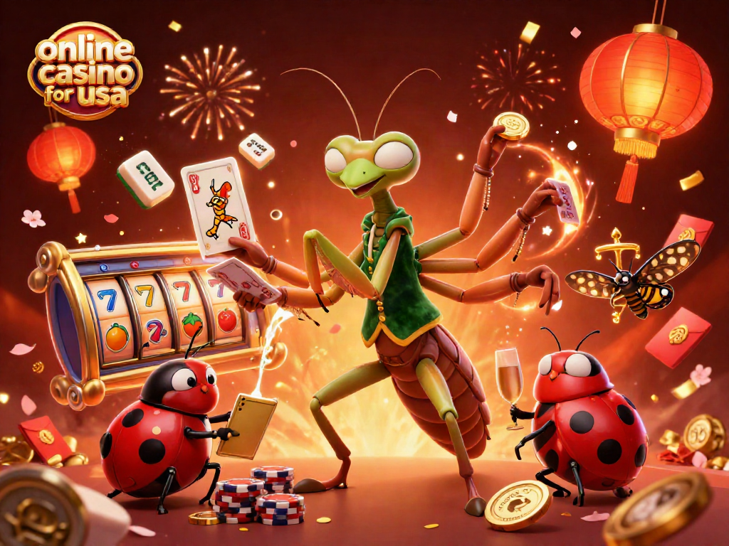 Experience lively online casino for usa with cartoon mantis dealer and ladybug pit boss.