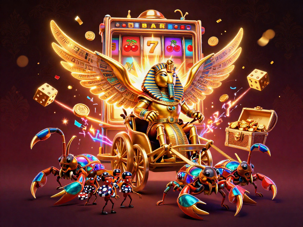 Engage in thrilling action at nhà cái lc88 with a vibrant 3D illustration showcasing a colossal scarab beetle and casino elements.
