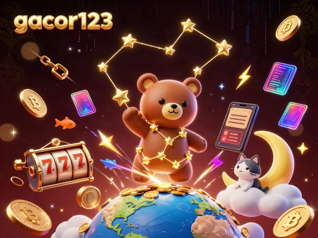 Experience thrilling wins at gacor123 with this vibrant 3D illustration of a celestial casino adventure, showcasing dynamic characters and elements.