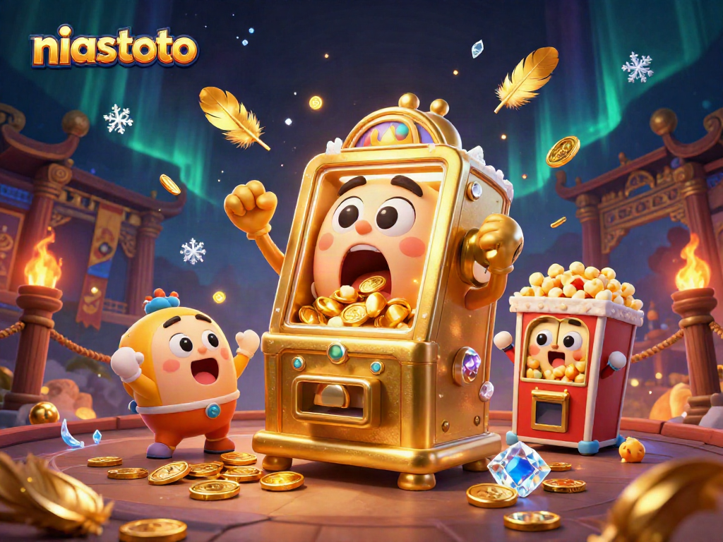 Slot machine niastoto memenangkan jackpot, mengeluarkan koin sambil dikelilingi suasana kasino yang meriah.