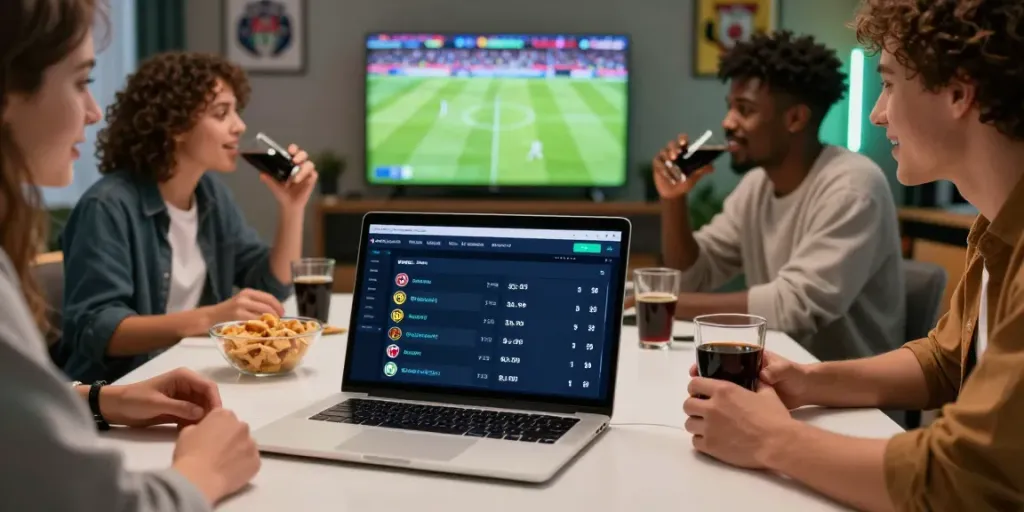 Friends discussing WWBOLA sports betting strategies around a laptop displaying high soccer odds.