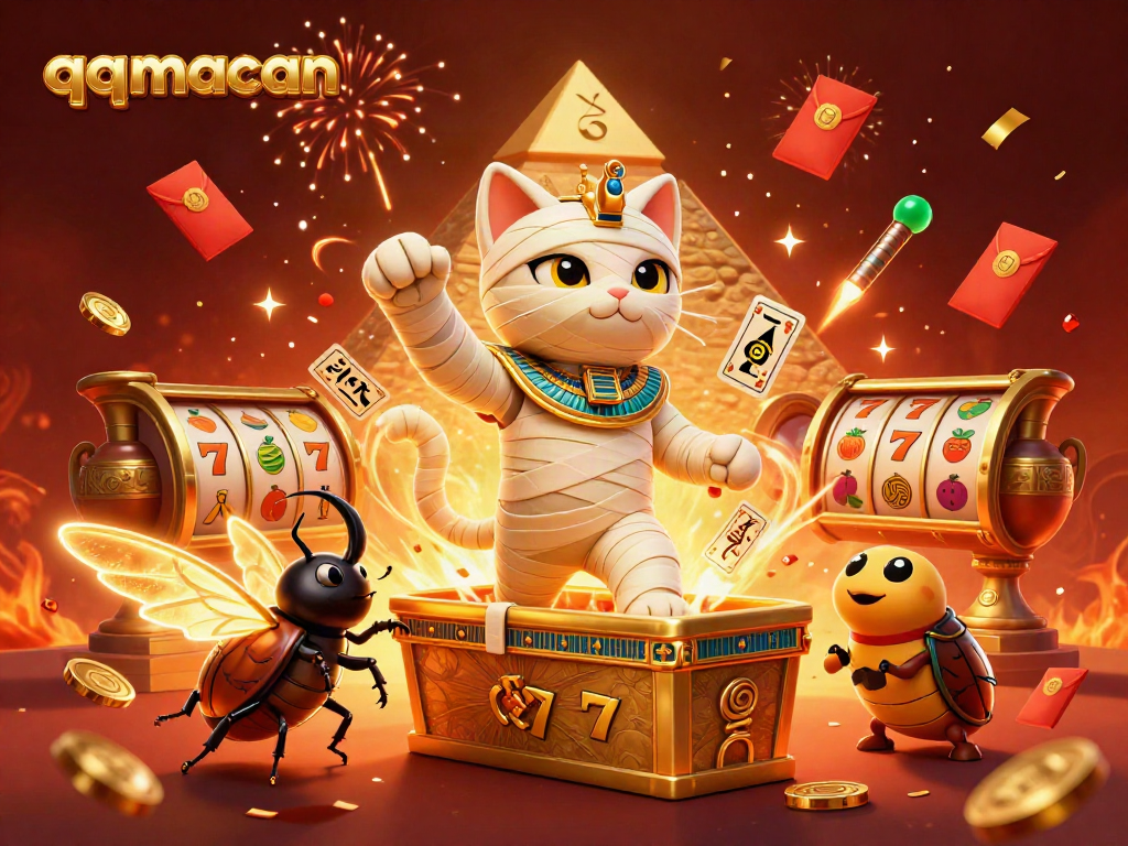 Experience thrilling gaming action with qqmacan featuring 3D Egyptian mummy characters in a pyramid casino.