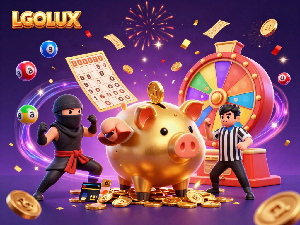 Engage with LGOLUX's dynamic gaming experience featuring a golden piggy bank sumo wrestler amid vibrant casino elements.