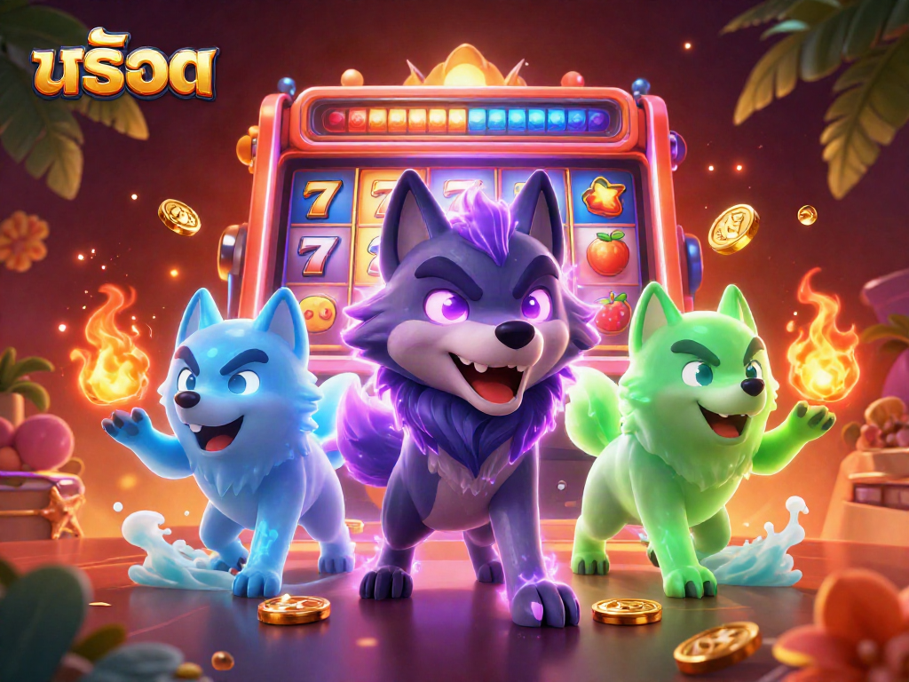 Engage in exciting สล็อต gameplay with vibrant 3D spirit wolves and dynamic slot elements illuminating the scene.