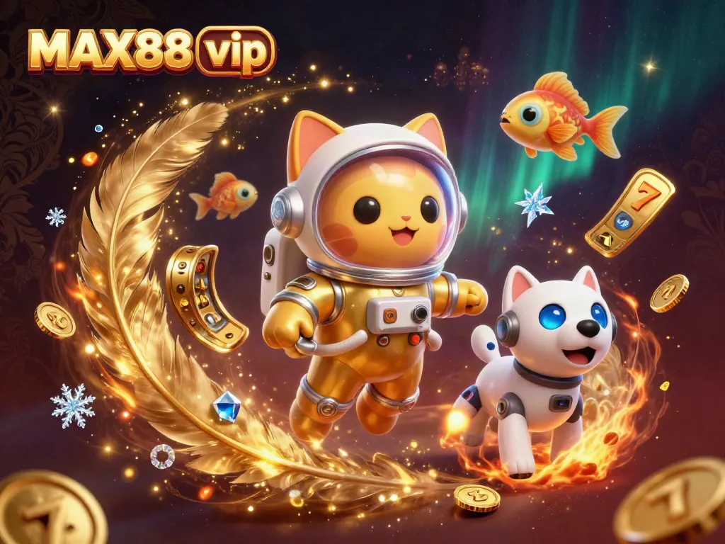 Engage in thrilling gameplay with MAX88 vip, featuring golden coins, space-themed characters, and vibrant slot game elements.