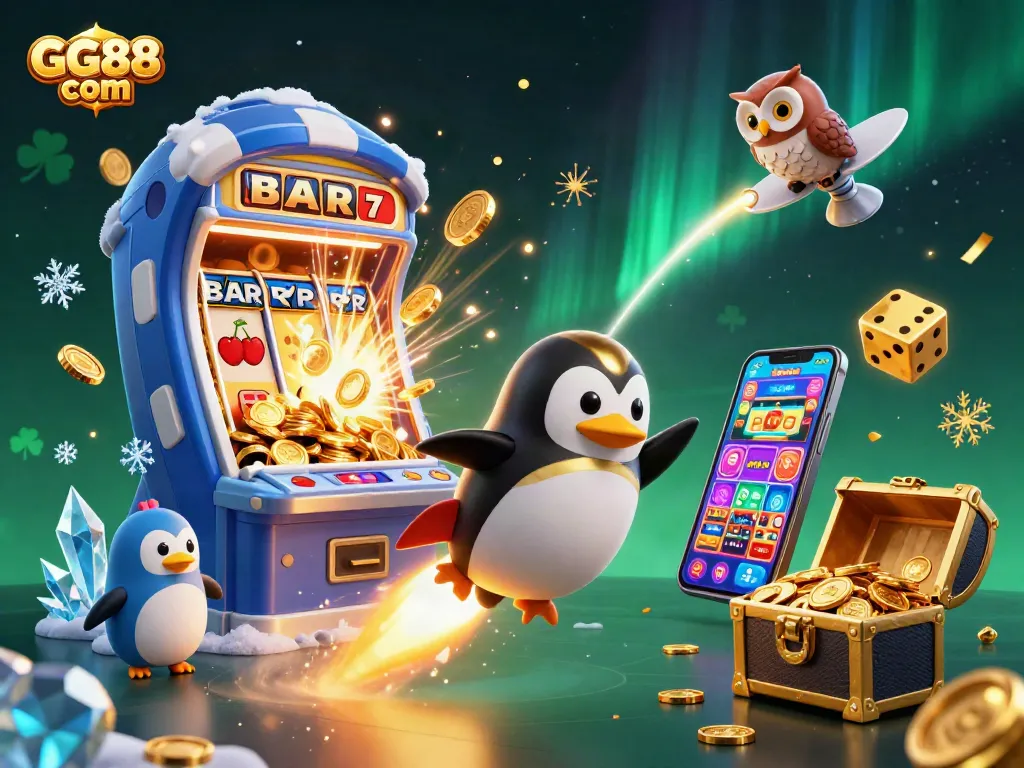 Experience the excitement of GG88 com with a rocket-powered penguin in a vibrant casino scene.