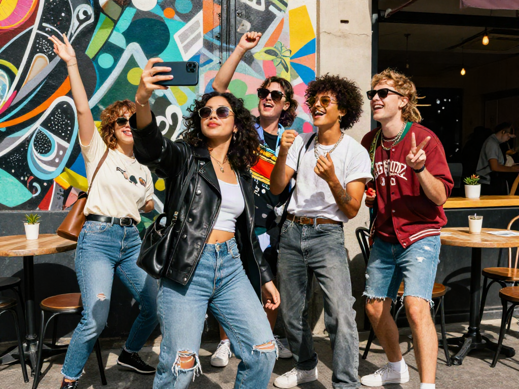 Group of friends discovering their celebrity look alike in fun urban setting