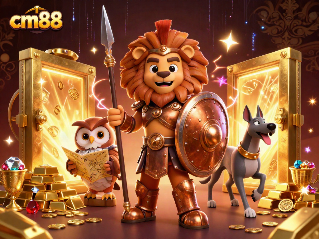 Engage with cm88 in a vibrant, illustrated casino scene filled with treasures and adventure.
