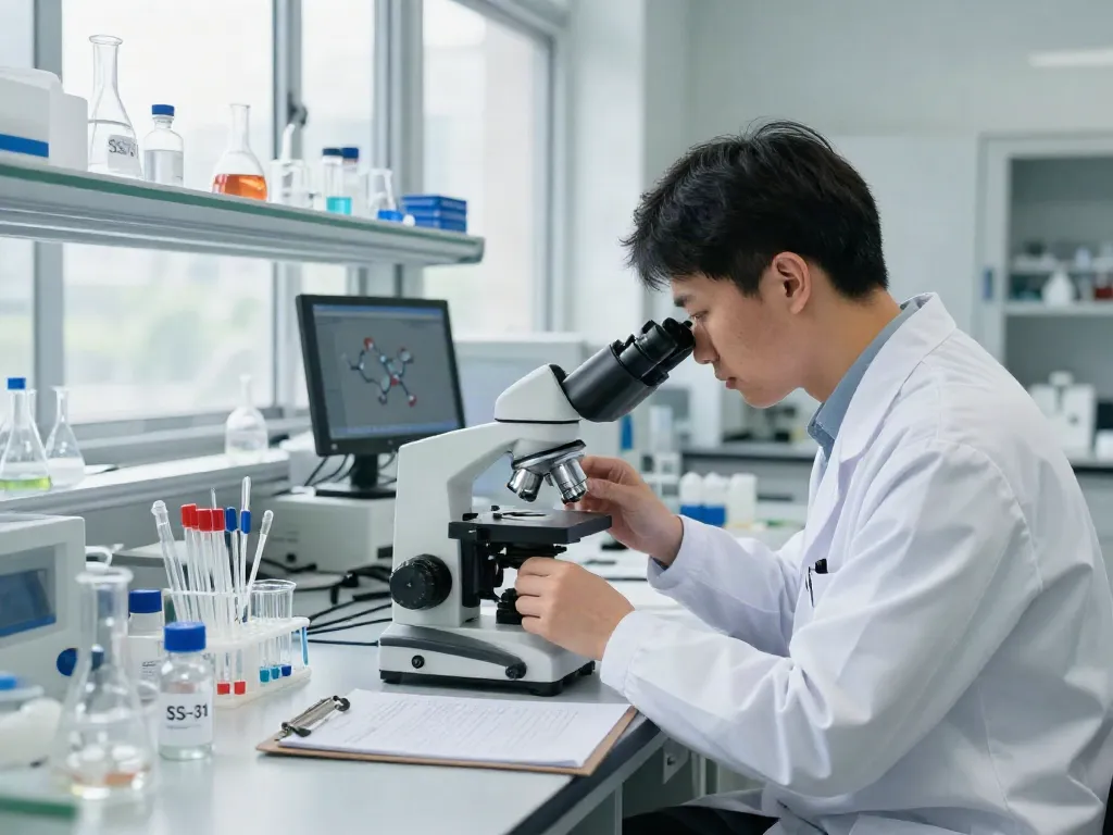 Researcher analyzing SS-31 peptide buy in an advanced laboratory setting.