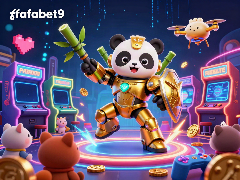 Engage with fafabet9's exciting gaming experience as the golden panda navigates a vibrant casino arena.