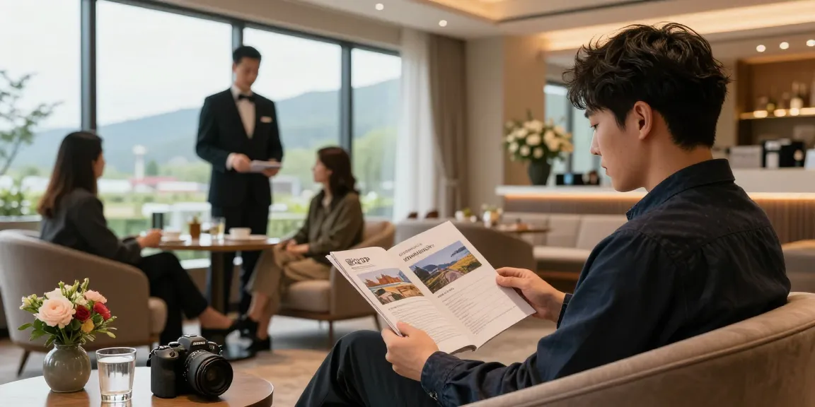 일산OP 서비스를 즐기는 여행자와 세련된 호텔 라운지 장면