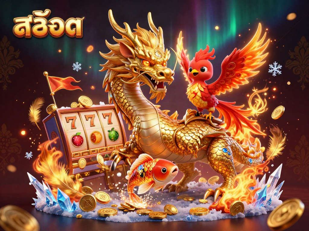 Catching wins with สล็อต as a golden dragon and phoenix soar through coins and slot elements.