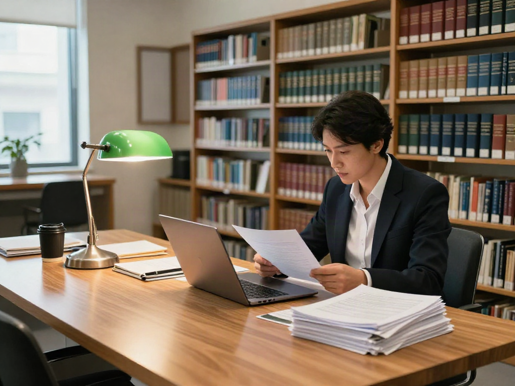 Researcher reviewing official sources in a modern library setting.