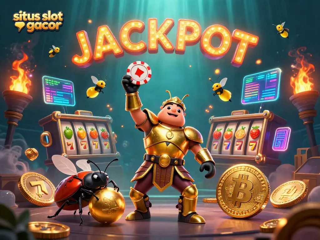 Situs slot gacor scene featuring a victorious beetle hero and dynamic slot game elements.