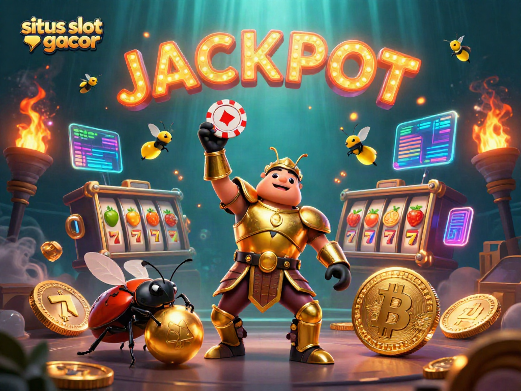 Situs slot gacor scene featuring a victorious beetle hero and dynamic slot game elements.