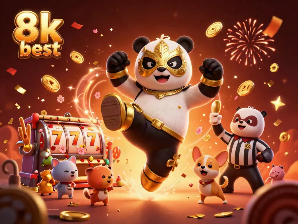 Engage in thrilling slots with 8k best as the panda wrestler dazzles in a vibrant casino scene.