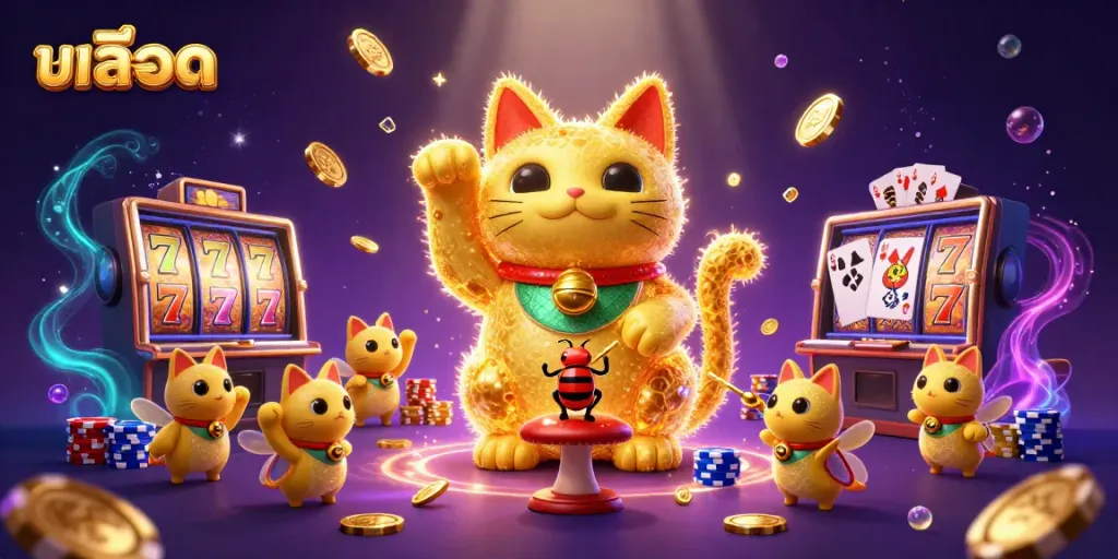 เล่นสล็อตออนไลน์ในรูปแบบ 3D โดยมีแมวโชคลาภและสัญลักษณ์คาสิโน