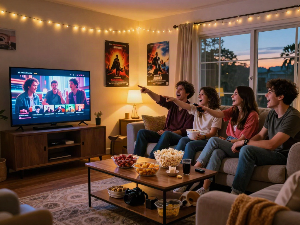 Friends enjoying a movie night using the Moviebox app download with snacks and cozy ambiance.