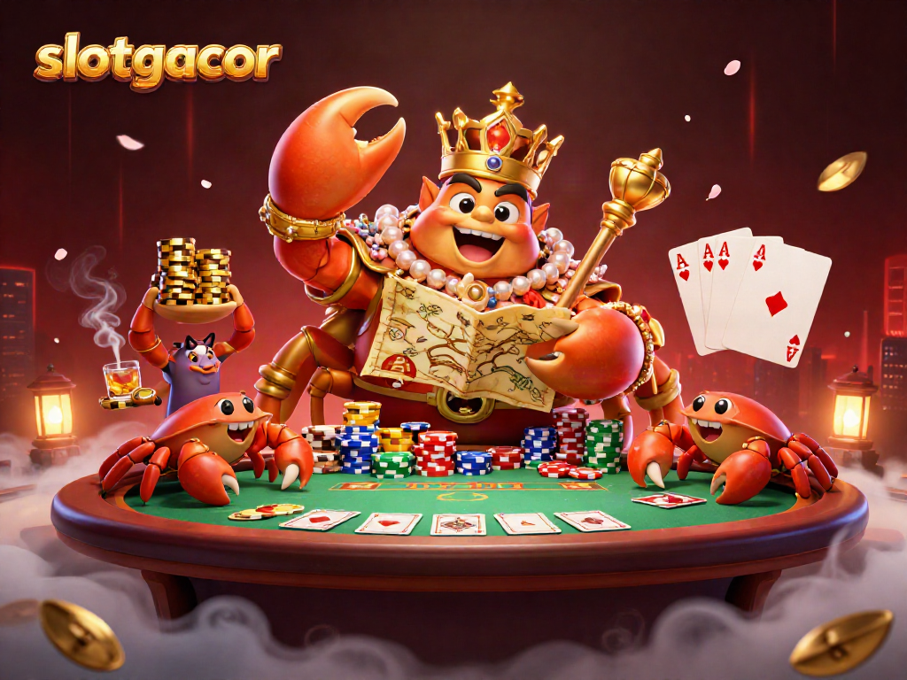 Engage with slotgacor-themed action featuring golden crab emperor at a vibrant casino scene.