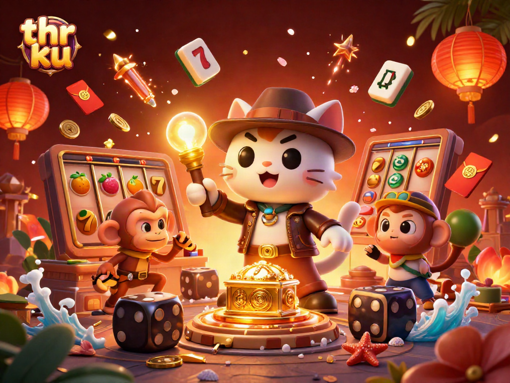 Engage with thr ku at a vibrant casino scene featuring an explorer cat and treasures.