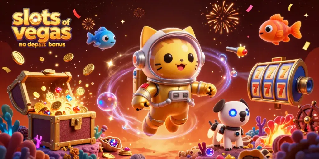 Explore slots of vegas no deposit bonus with thrilling treasures in a 3D dynamic casino scene.