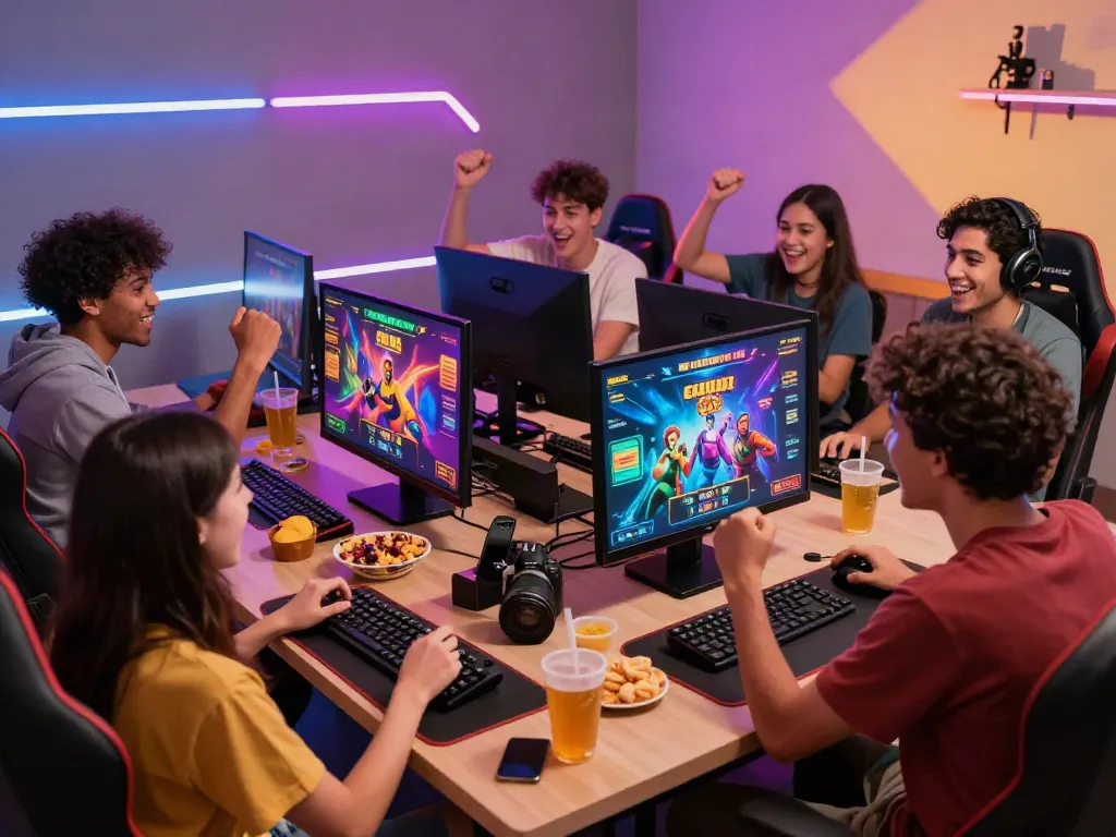Exciting group gaming session featuring PG SLOT video slots with colorful graphics and vibrant atmosphere.