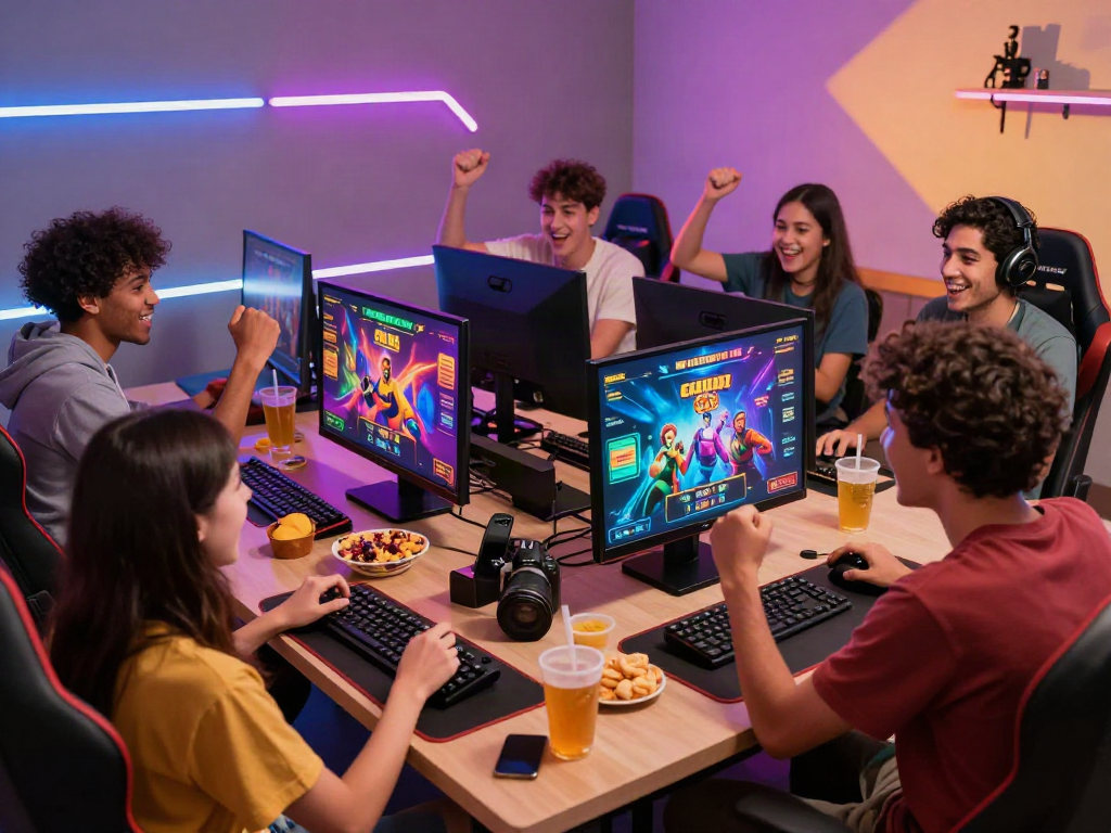 Exciting group gaming session featuring PG SLOT video slots with colorful graphics and vibrant atmosphere.