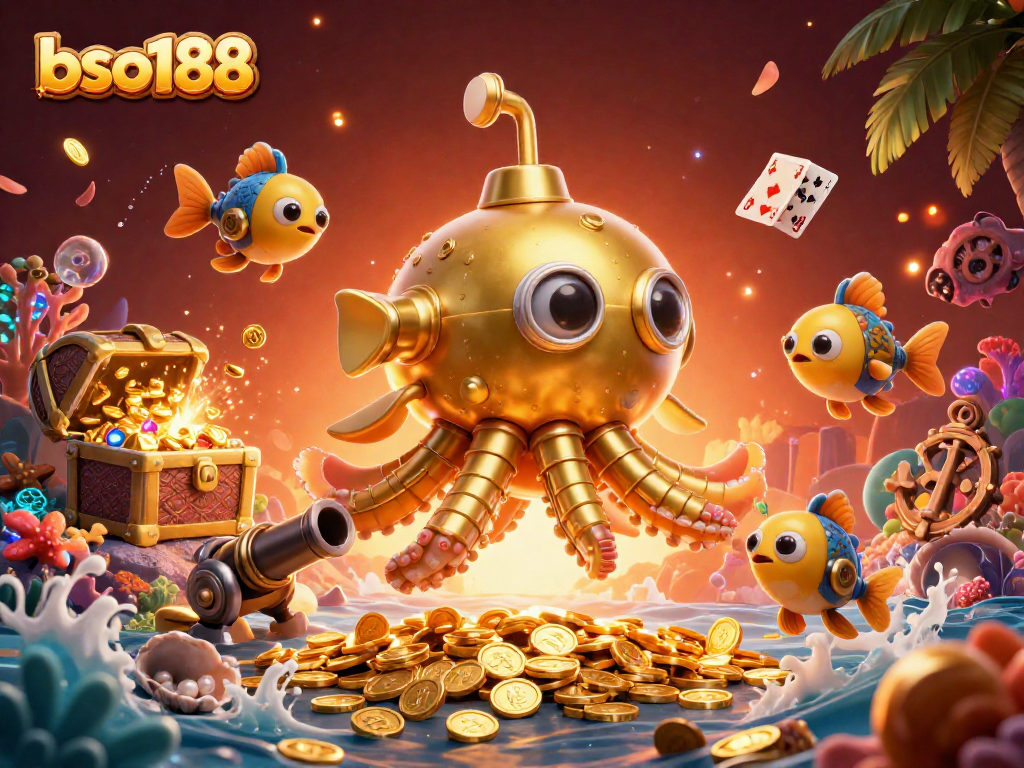 bso188 captures thrilling underwater excitement with a kraken submarine amidst coins, enhancing your gaming experience.
