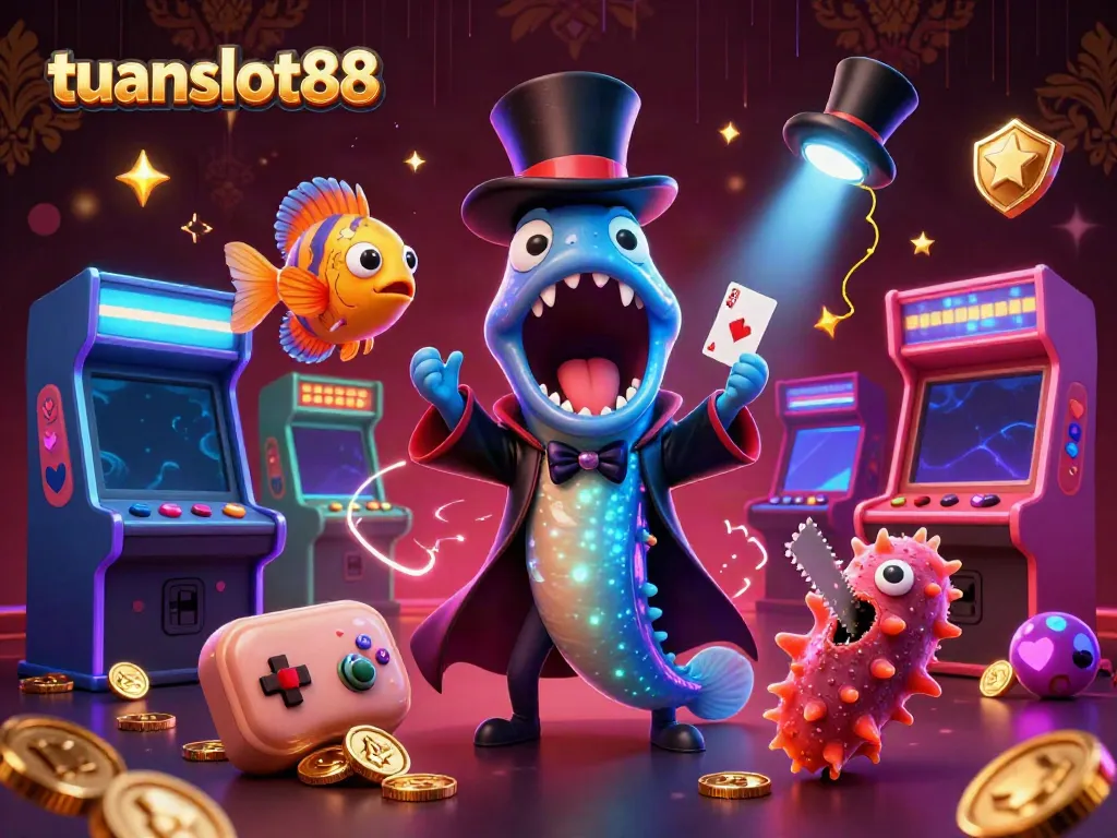 Ikan gulper, ikan pancing, dan mentimun laut pada tuanslot88 dalam aksi sulap slot dengan permainan arcade yang cerah.
