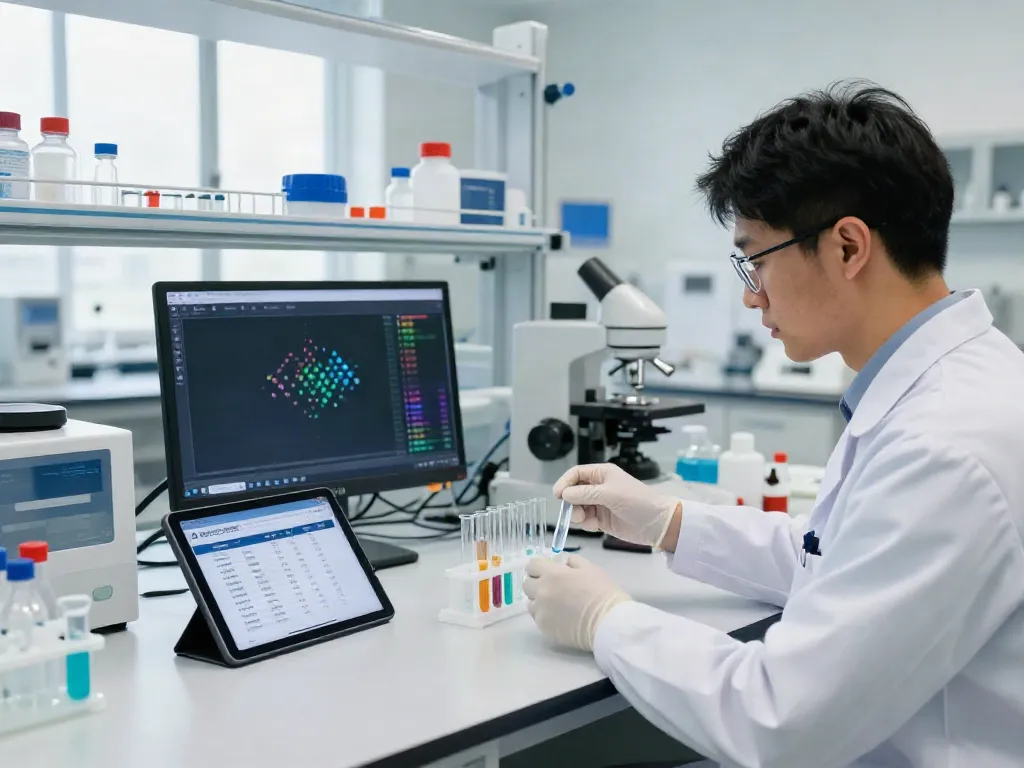 Scientist reviewing data on a peptide price comparison website in a modern lab.