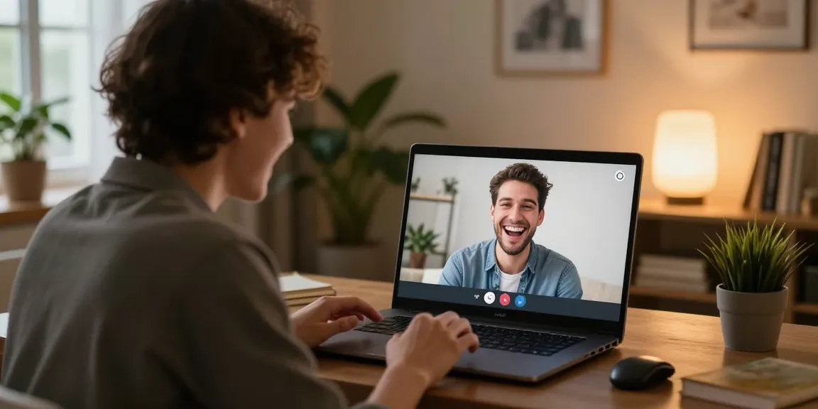 Engaging in a random chat, two individuals connect privately through video on warm, inviting backgrounds.