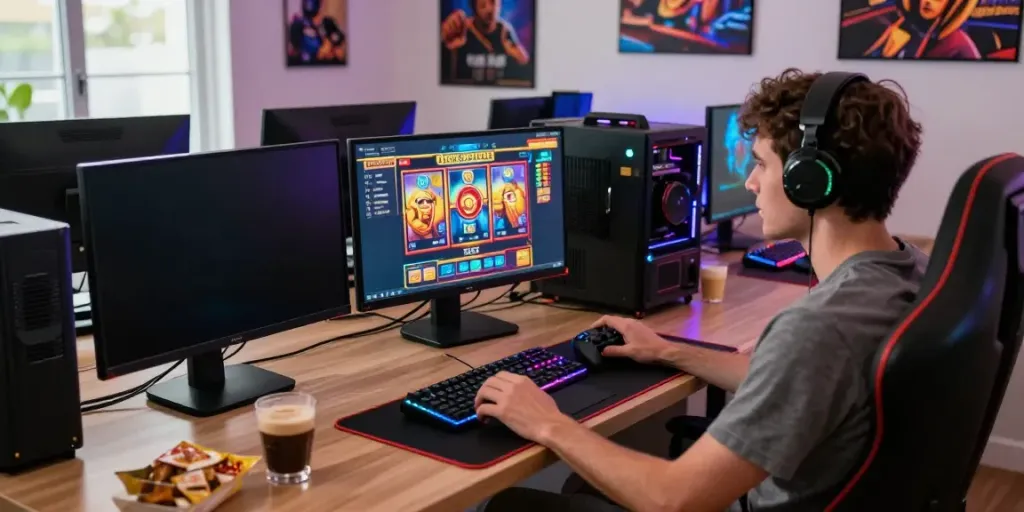 Exciting online gaming setup showcasing link slot777 with vibrant screens and gaming gear.