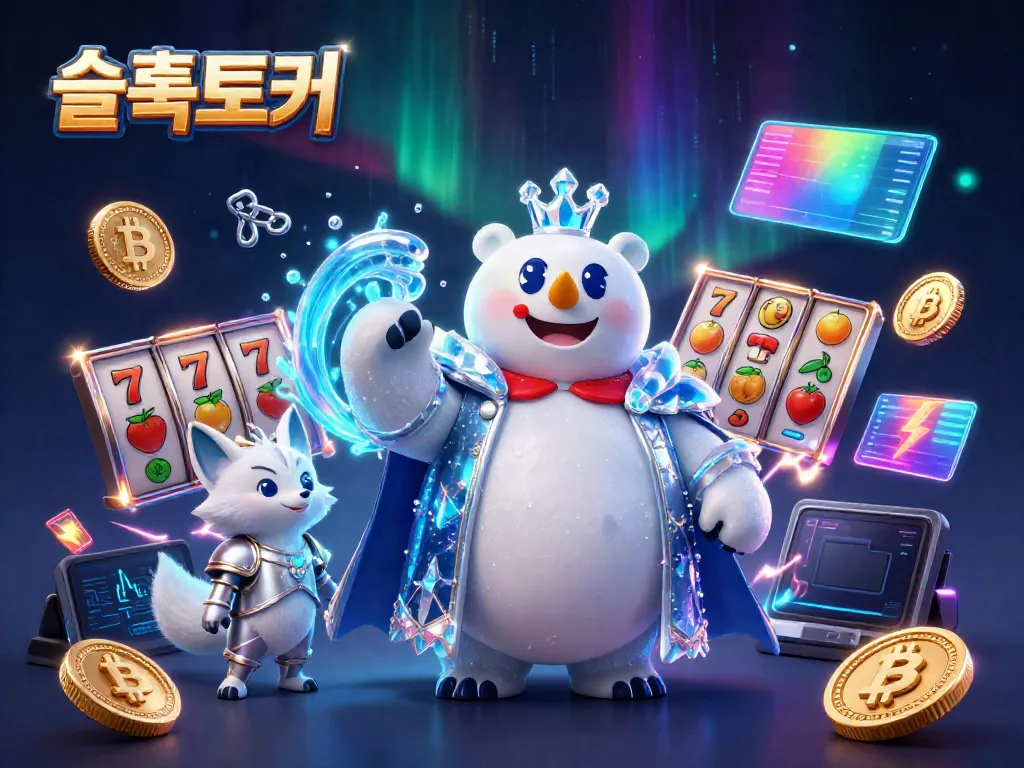 Experience thrilling slots with 슬롯토커, featuring a polar bear and snow fox amidst dynamic casino elements.