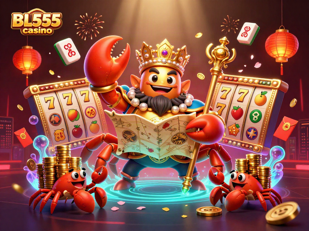 Engage with the dynamic BL555 casino scene featuring a golden crab emperor amid vibrant gaming symbols.