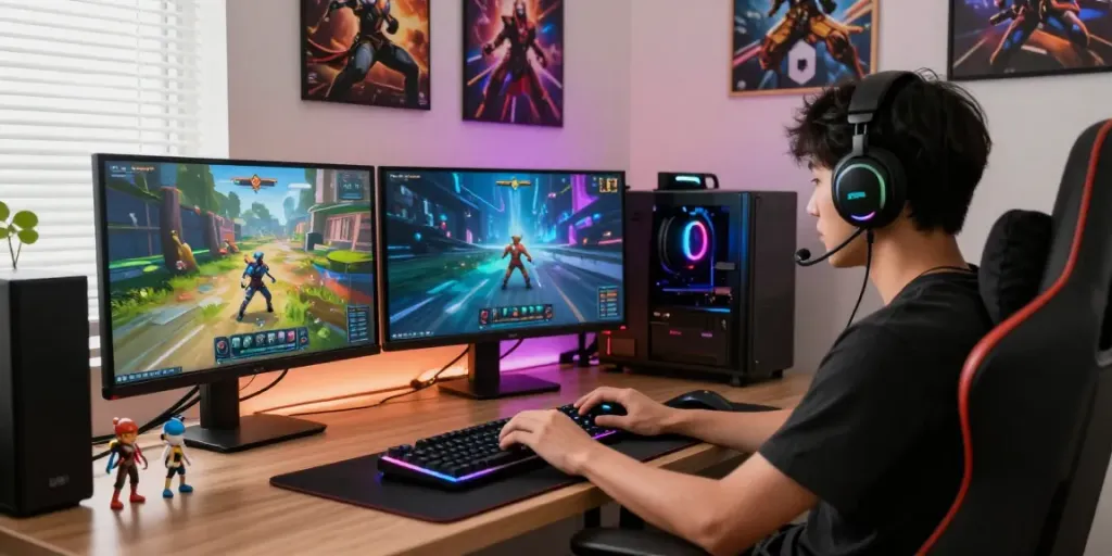Engaged player enjoying Singatoto link online gaming experience in a vibrant gaming setup