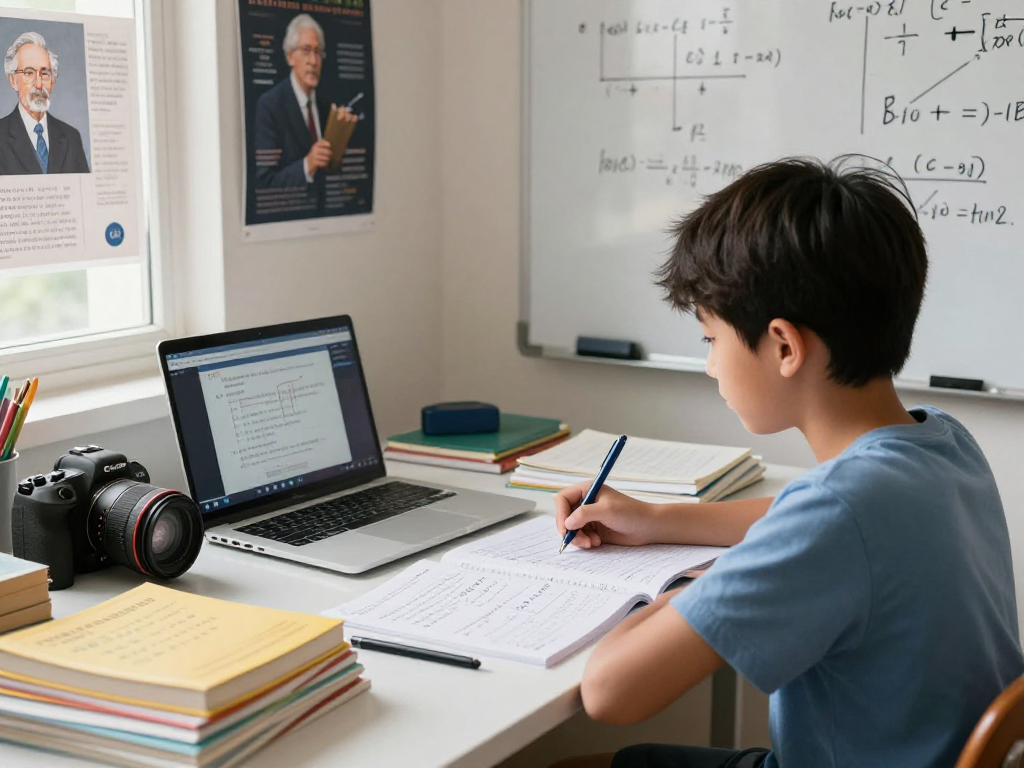 Focused student engaging in physics tuition study session with books, notes, and virtual tutoring.
