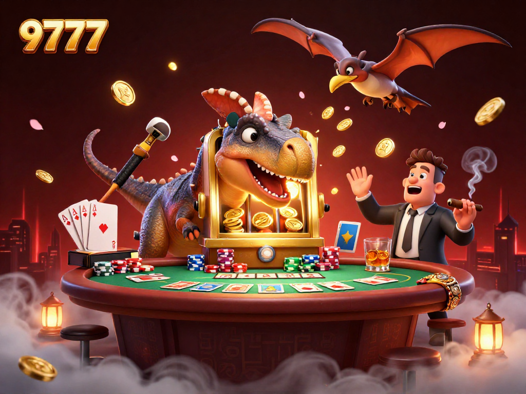 Catch golden coins with 9777's dynamic slot machine as a pachycephalosaurus celebrates the jackpot.