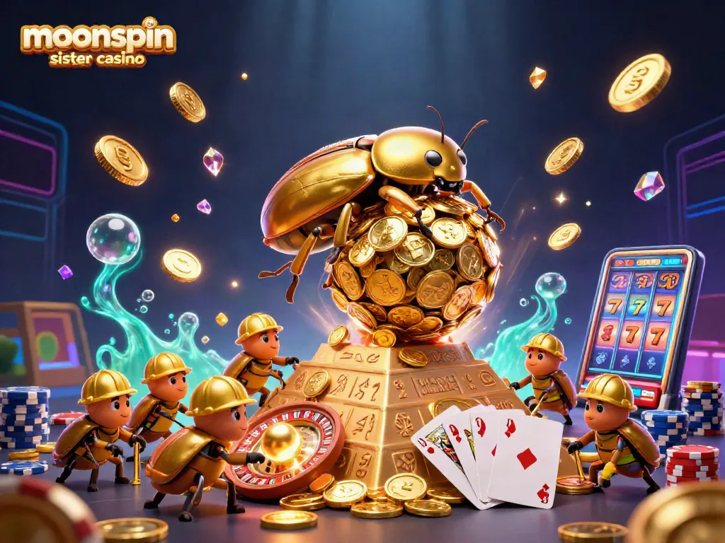 Cassino gameplay at moonspin sister casino with beetles rolling golden coins, surrounded by dazzling game elements.