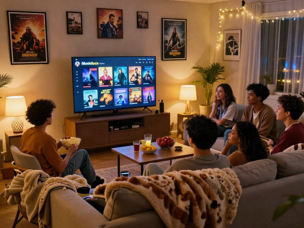 Friends enjoying movie night with the Moviebox app displayed on TV in a cozy living room.