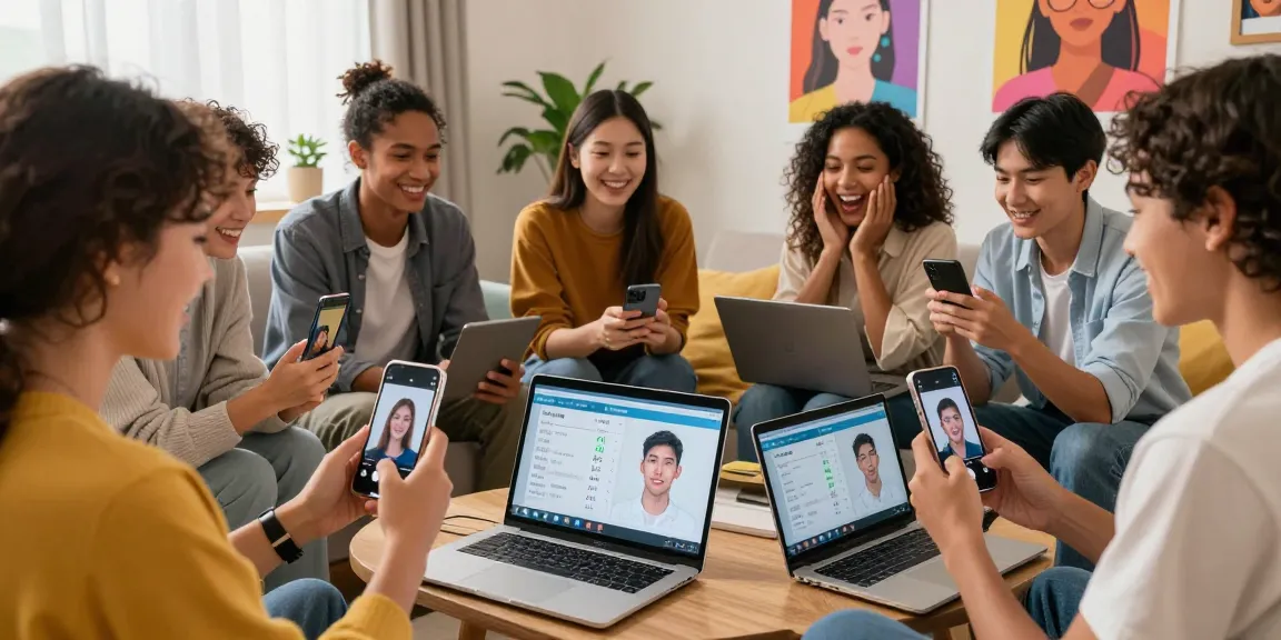 Group of friends participating in a test of attractiveness using AI on smartphones and laptops.